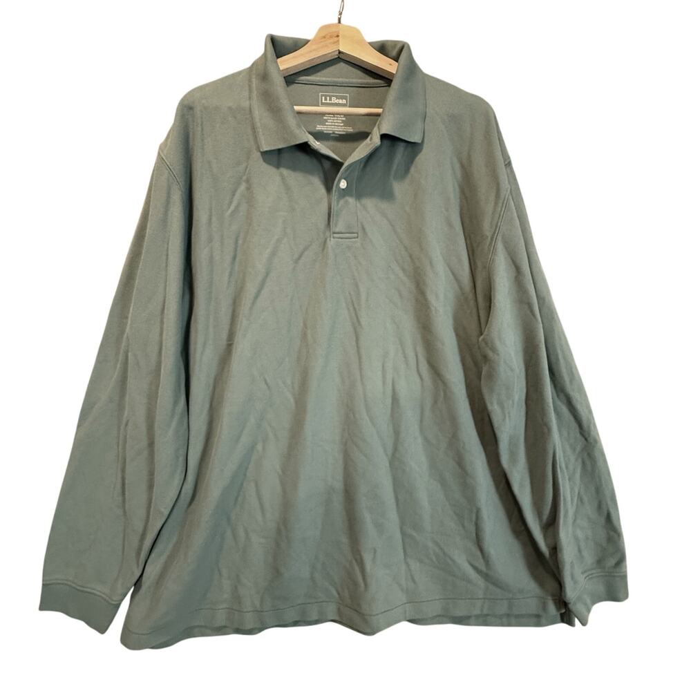 LL Bean Sage Green Pique Knit Long Sleeve Polo Shirt XXL 2X 2XL Traditional Fit